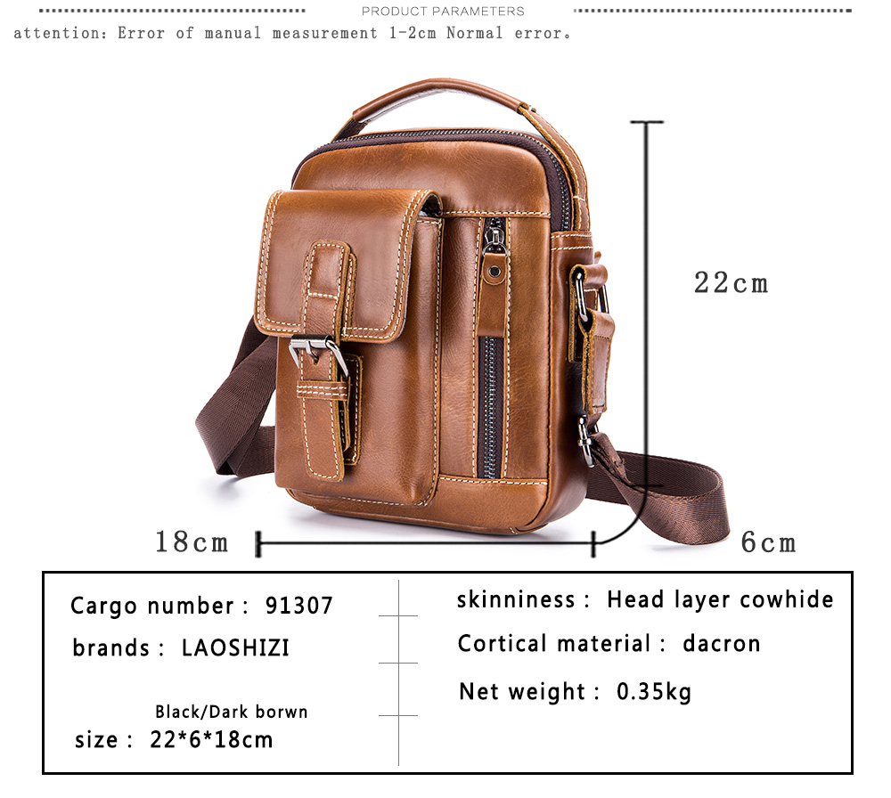 LAOSHIZI Leather Men'S Shoulder Bag Small - Natural Black - 3B85439312