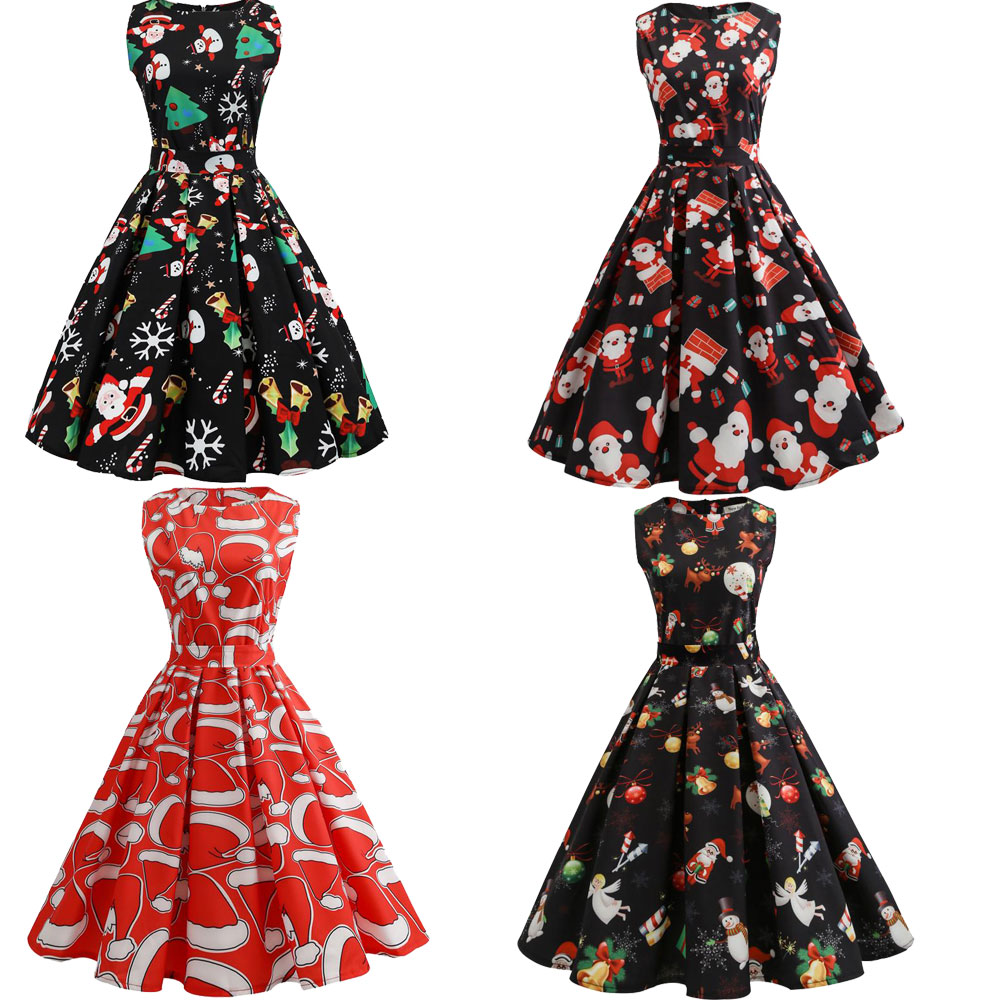 Women Christmas Print Criss Gown Evening Party Dress