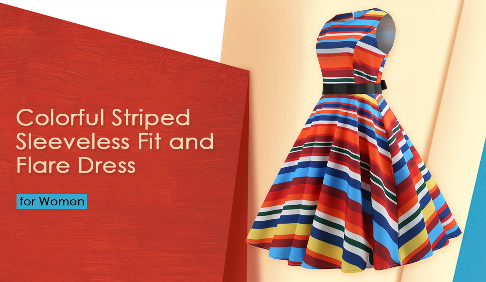 Colorful Striped Sleeveless Fit and Flare Dress