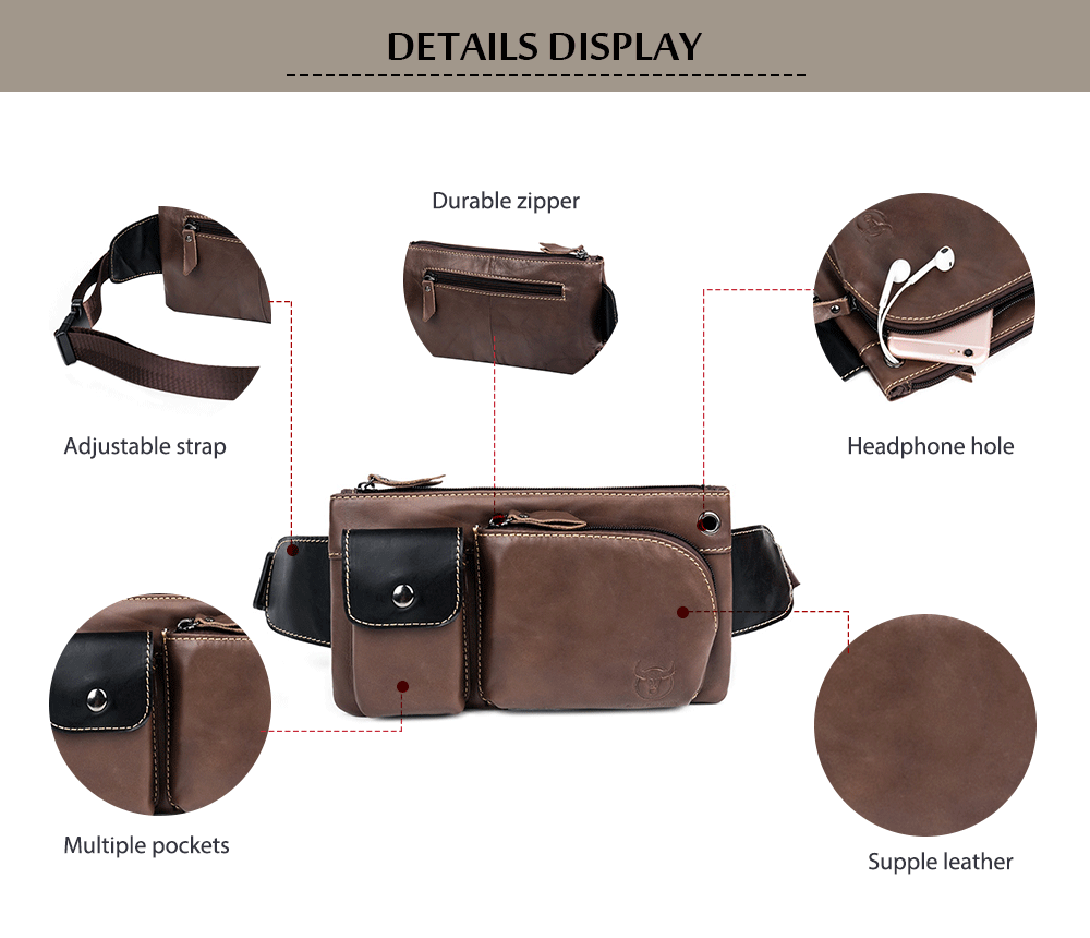 BULLCAPTAIN Multifunctional Leather Waist Bag for Men - Dun - 3356913712
