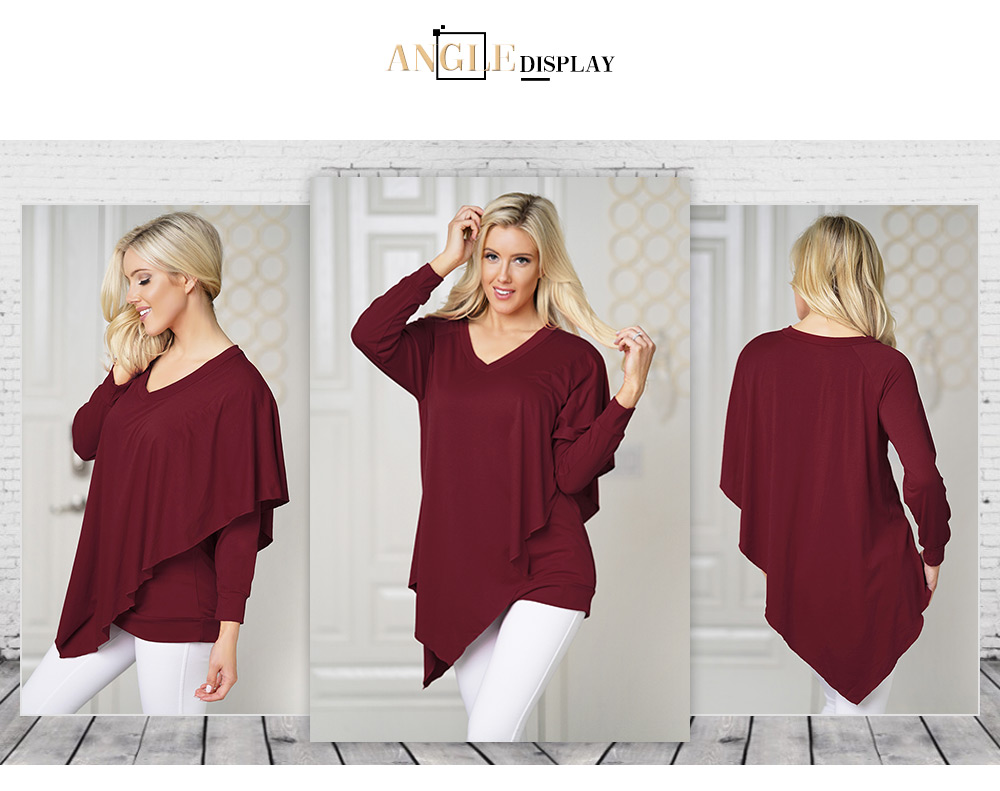 V Neck Long Sleeve Layered Asymmetric Women T-shirt