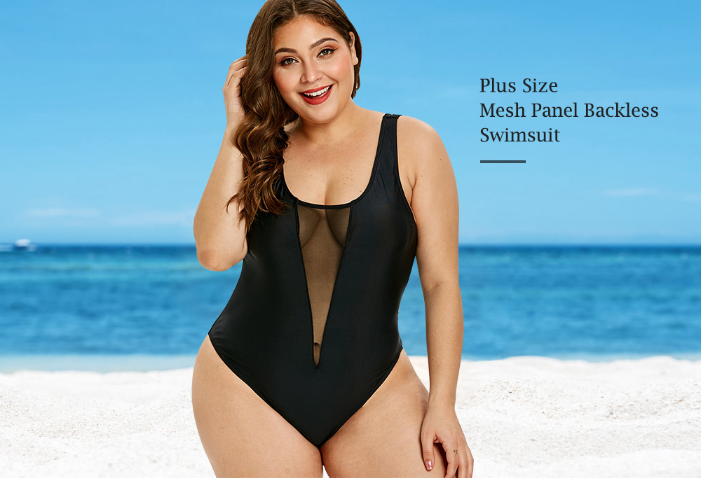 Plus Size Mesh Panel Backless One Piece Swimsuit