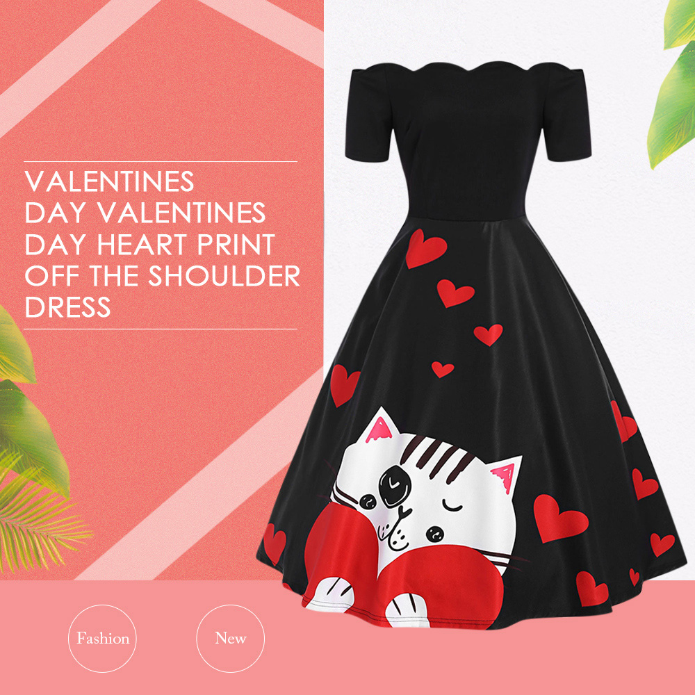 Off The Shoulder Valentines Day Heart Print Dress