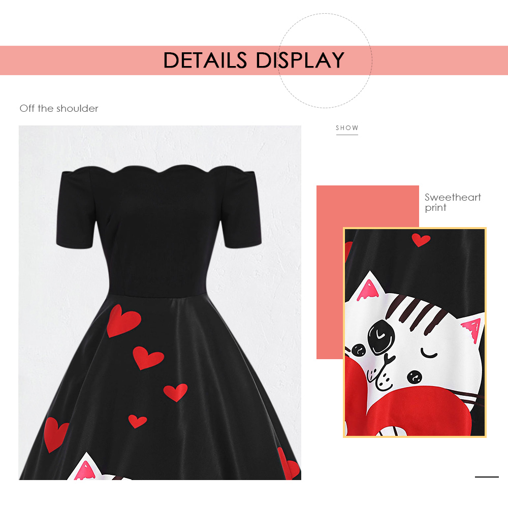 Off The Shoulder Valentines Day Heart Print Dress