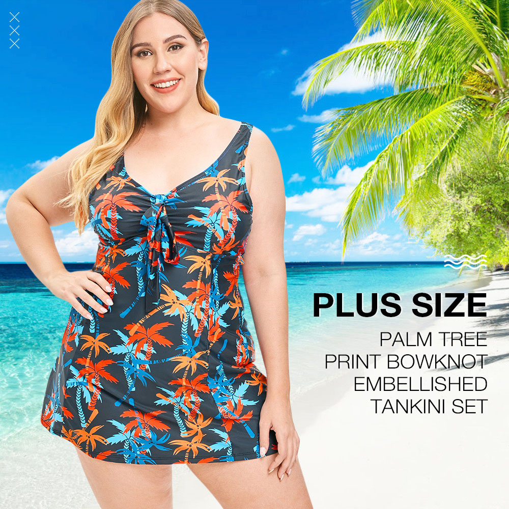 Plus Size Palm Tree Print Bowknot Embellished Tankini Set