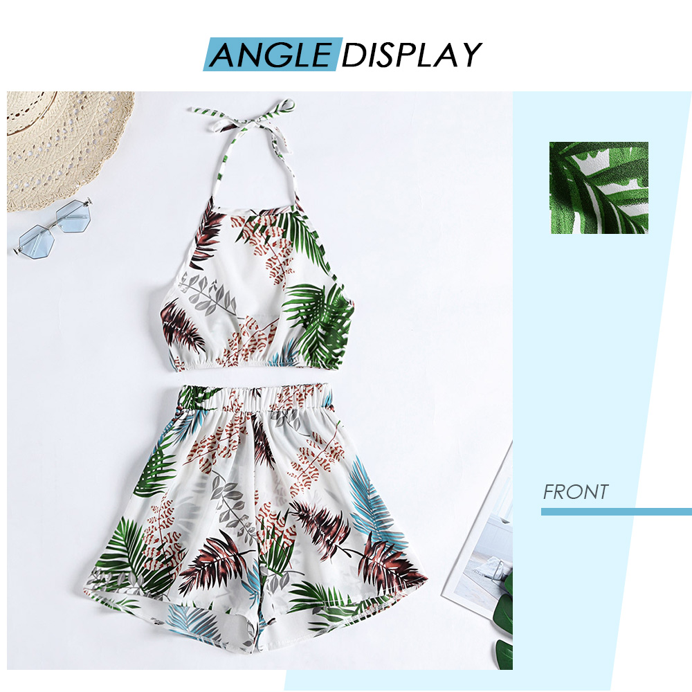 Halter Neck Backless Leaf Print Crop Top High Waist Shorts Women Two-piece Suit