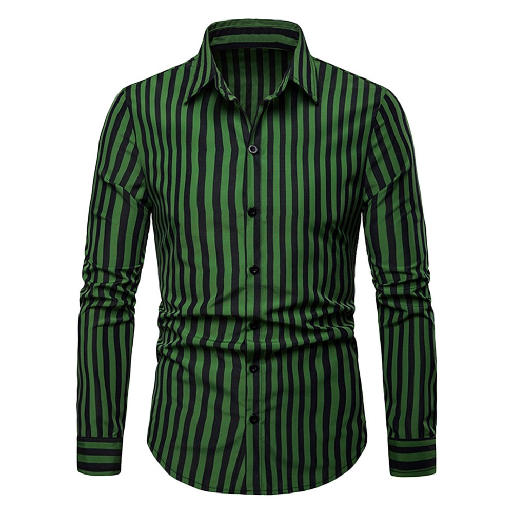 Casual Contrast Striped Print Long Sleeve Shirt - Green - 4904388210